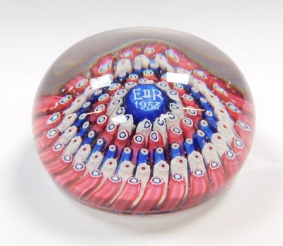 A Whitefriars Coronation concentric millefiori paperweight, bearing central cane with EIIR 1953, 7.5cm diameter. (AF) - 3