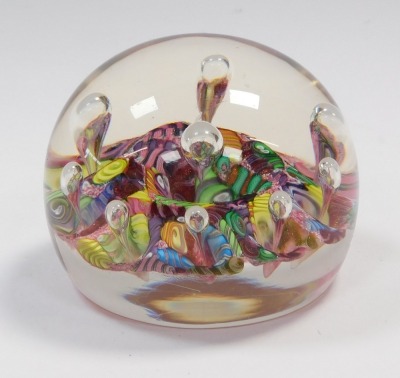 A Paul Ysart Magnum harlequin glass paperweight, circa 1970, with scrambled polychrome canes and nine air bubbles, 7cm diameter. - 3