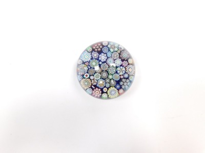 A Peter McDougall millefiori glass paperweight, blue ground with PMCD cane and paper label, 6cm diameter. - 4