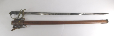 A Royal Artillery officer's sword, the blade etched with shield and crown and marked Clement Grey Sheffield, with turned handle, basket weave hilt, compressed pommel and leather scabbard, 104cm long. - 2