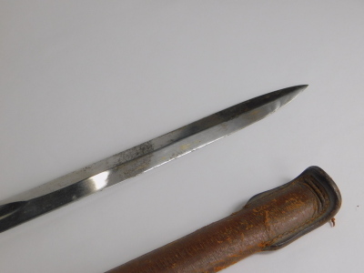 A Royal Artillery officer's sword, the blade etched with shield and crown and marked Clement Grey Sheffield, with turned handle, basket weave hilt, compressed pommel and leather scabbard, 104cm long. - 4