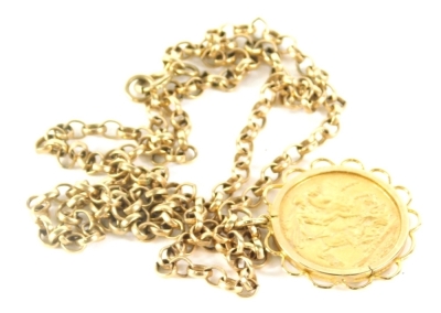 A Victorian full gold sovereign, 1889, in circular sunburst mount attached to slender link necklace marked 9ct, 54cm long, 22g all in.