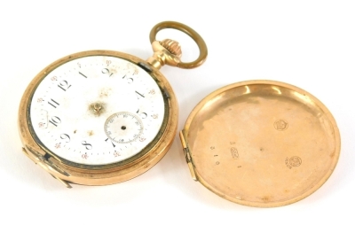A 14ct gold cased hunter pocket watch, with engine turned cover, vacant cartouche, Arabic dial subsidiary second hand and plain case marked 0.585, 7cm high, 90g all in. (AF)