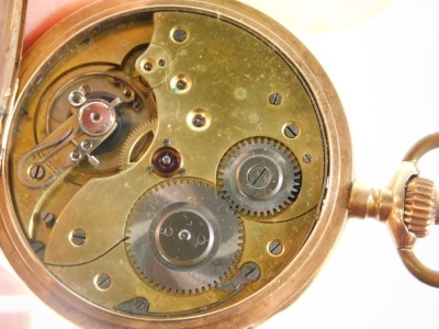 A 14ct gold cased hunter pocket watch, with engine turned cover, vacant cartouche, Arabic dial subsidiary second hand and plain case marked 0.585, 7cm high, 90g all in. (AF) - 2