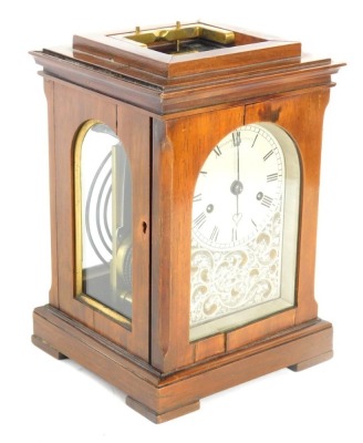 A late Georgian Vulliamy table clock, in a fruitwood case, swing handle, blind fret scroll back plate, double fusee movement striking on the hour, signed and marked London 1017, in a five part glazed case, on squat bracket feet, with key, 20cm high, 13cm