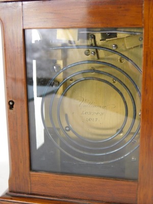 A late Georgian Vulliamy table clock, in a fruitwood case, swing handle, blind fret scroll back plate, double fusee movement striking on the hour, signed and marked London 1017, in a five part glazed case, on squat bracket feet, with key, 20cm high, 13cm - 3