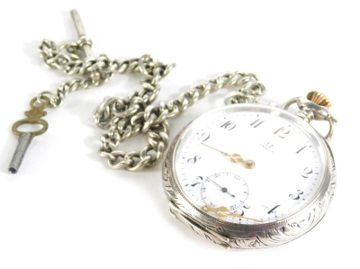 An early 20thC Omega open faced pocket watch, with 5cm diameter Arabic dial, subsidiary second hand, in repousse decorated case, marked 0.900, numbered 501B170, with Omega twelve disc back plate, graduated Albert watch chain with T bar end, 31cm long, 122