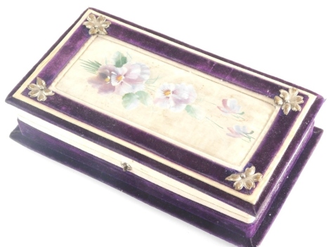 A Cadbury's Cocoa chocolate box, with purple velvet border and central silk painted panel, with label to underside.