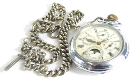 A silver graduated double Albert watch chain, centred by a T-bar, 89cm long, with a chrome plated pocket watch with moon roller dial, with further inscription on the chain, 57.5g.