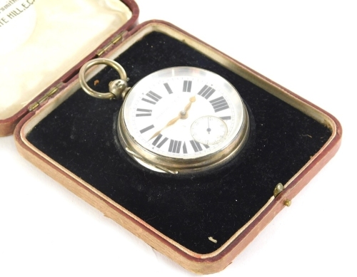 A Victorian silver open faced pocket watch, with 12cm diameter Roman Numeric dial marked Improved Patent, with subsidiary Arabic second hand, in engine turned case with vacant cartouche, Chester 1891, with key in outer case, marked JW Benson Ltd.