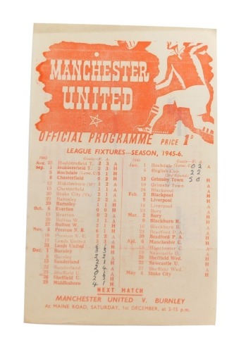 Football programme, Manchester United 1945-6 v. Leeds United.