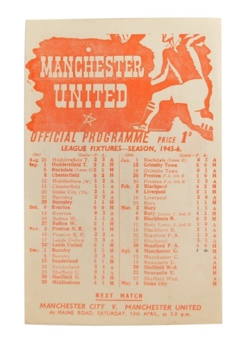 Football programme, Manchester United 1945-6 v. Manchester City April 6th.