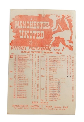 Football programme, Manchester United 1945-6 v. Bury.