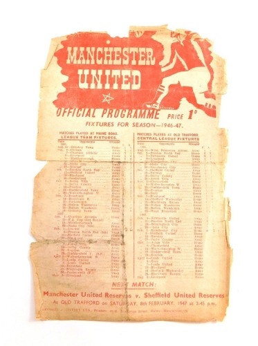 Football programme, Manchester United Reserves 1946-7 v. Manchester City Reserves.