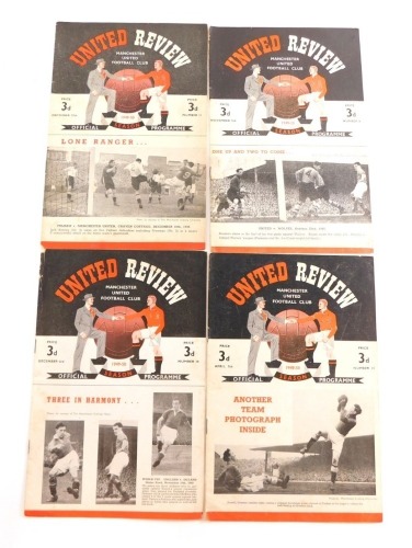 Football programmes, Manchester United Review 1949-50 v. Derby County, v. Huddersfield Town, v. Birmingham City, v. Newcastle United plus hand written sheet, v. Sunderland (5).