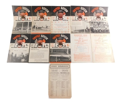 Football programmes, Manchester United Review 1954-55 v. Tottenham Hotspur, 1956-7 v. Aston Villa, v. Tottenham Hotspur, 1957-58 v. Sheffield Wednesday, v. Sunderland, v. Newcastle United, 1958-59 v. West Ham United, 1959-60 v. Burnley plus Token Sheet 19