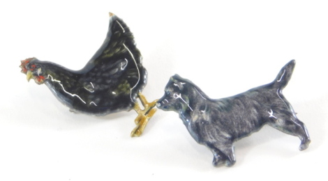 Two enamel brooches, comprising a hen marked Kenart silver, lacking back, 2.5cm wide, and a dog with same maker, 3cm wide, 13.3g all in. (2)