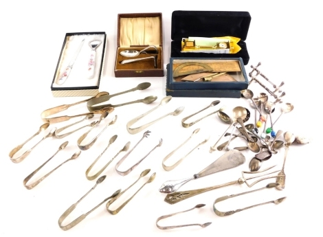 Various silver plated ware, bean spoons, teaspoons, etc., Derby style bottle opener, measuring implements, Wellington clock, medicine spoon and pusher, etc. (a quantity)