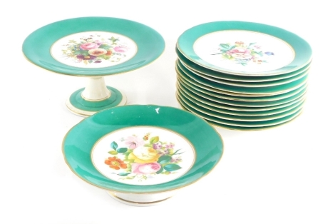 A 19thC porcelain dessert service, comprising comport 24cm diameter, another smaller and various plates, each decorated with summer flowers with a turquoise border and gilt highlights, unmarked, 23cm wide.