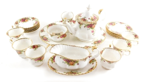 Various Royal Albert Old Country Roses dinner ware, oval meat plate, teapot, 22cm high, cups, saucers, milk jug, gravy boat, etc. (a quantity, the meat plate AF)