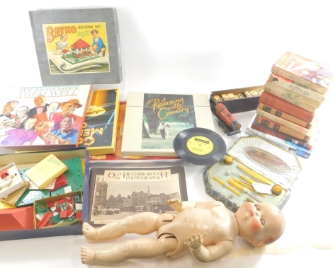 Various books Crompton (Richmal), Just William, to include William Carries On, William The Showman, in dust wrappers, various others, etc, mainly late editions, a jointed doll, tin plate train, old Peterborough photographs, various dominoes, record, Fred 