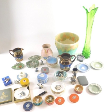 Various pottery, Radford vase, silver cruet, Wedgwood Jasperware, Wade boxed hat box figures, green glass vase, 38cm high, printed marks beneath. (a quantity)