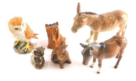 Various Beswick figures, owl, koala, donkey, 14cm high, printed marks beneath. (a quantity)