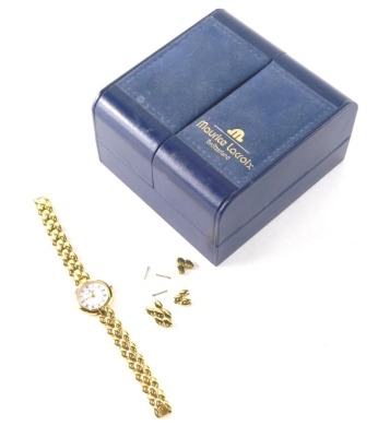 A Maurice Lacroix ladies wristwatch, in gold electroplated casing, with a white Roman numeric dial, on three bar bracelet, boxed.