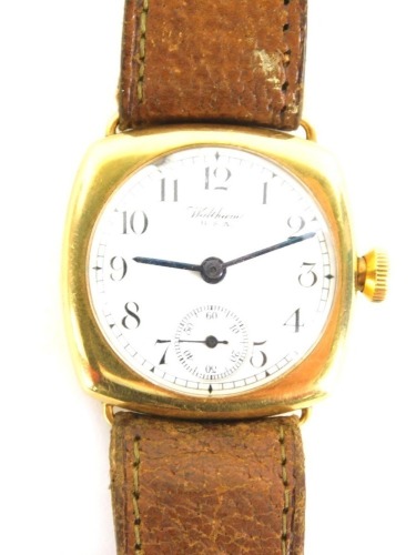 A Waltham USA gents wristwatch, with square section, white ceramic numeric dial, with seconds counter and blue hands, in yellow metal case stamped 375, 2.5cm wide, on tan leather strap, 39.2g all in.