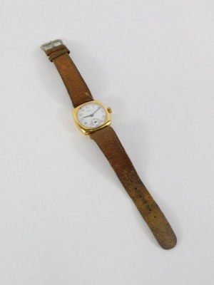 A Waltham USA gents wristwatch, with square section, white ceramic numeric dial, with seconds counter and blue hands, in yellow metal case stamped 375, 2.5cm wide, on tan leather strap, 39.2g all in. - 2