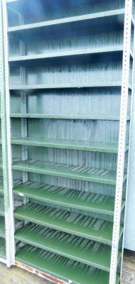 A set of vintage free standing metal shop shelving racking, 98cm high, 89cm wide.