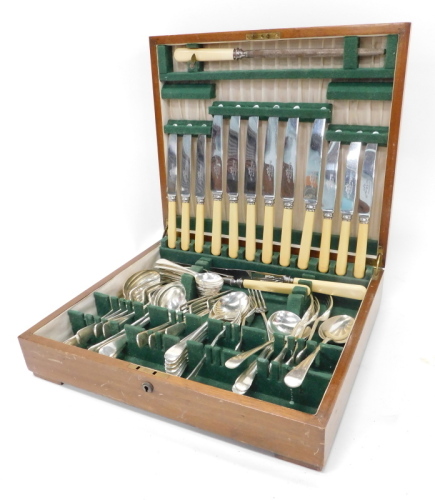 A 20thC Mosley silver plated canteen of cutlery, to include soup spoons, knives, forks, sharpener, etc., in oak cased canteen, 38cm wide.