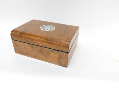 A late 19thC walnut jewellery box, the domed lid with Mother of Pearl centre section hinged to reveal the plane interior with various fan, thimbles, etc., the box, 14cm high, 30cm x 23cm deep. - 2