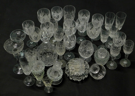 Various crystal glassware, drinking glasses, part suite to include two size wine glasses, 19cm high, etc., decanter, whiskey tumblers, brandy balloons, other ornaments, other glass ware, etc. (a quantity)