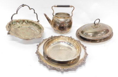 Various silver plated ware, entree dish of oval form with liner, 28cm wide, shallow dish with shell and scroll border, spirit kettle on stand, other plates, other silver plated ware, basket, etc. (a quantity)