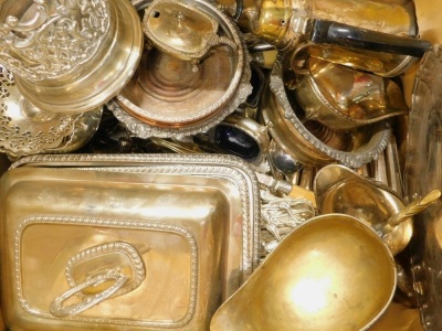 Various silver plated ware, early 20thC bottle coaster of shaped part pierced form, a pair of further bottle coasters, entree dish, a pair of silver pepper pots, similar silver pepper pot, other cruet sets, Edwardian Neo-Classical salt, further silver cru