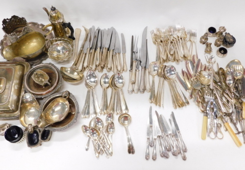 Various silver and silver plated ware, coasters, entree dishes, bottle coasters, flatware, silver cruet, 7cm high, various other silver plated ware. (a large quantity)