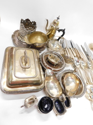 Various silver and silver plated ware, coasters, entree dishes, bottle coasters, flatware, silver cruet, 7cm high, various other silver plated ware. (a large quantity) - 3