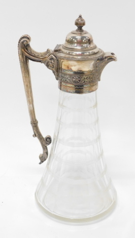 An early 20thC silver plated and cut glass claret jug, of trumpet form with shaped scroll handle and domed lid with urn finial, 32cm high and a Edinburgh crystal bowl, partially boxed (2).