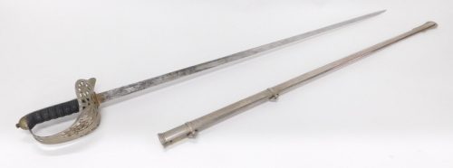 A dress sword, the blade marked Hawkes & Co Piccadilly London, with shaped handle, pierced guard and plain scabbard, 100cm long.