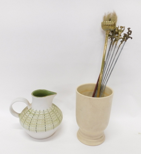 A Denby Studio pottery stoneware jug, of shaped form with green and cream glazed, 22cm high, and a Pearson's of Chesterfield vase.