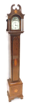 A Grandmother clock, the arched dial with printed decoration of a Dutch style river landscape, with cattle, and painted Roman numerals, single winding hole, in walnut and marquetry case, with ogee bracket feet, 186cm high.