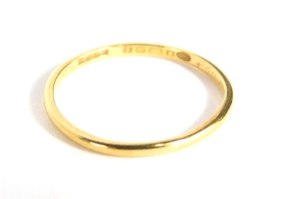 A 22ct gold wedding band, of plain design with internal inscription Ron and Laura, misshapen ring size N, 1.2g.