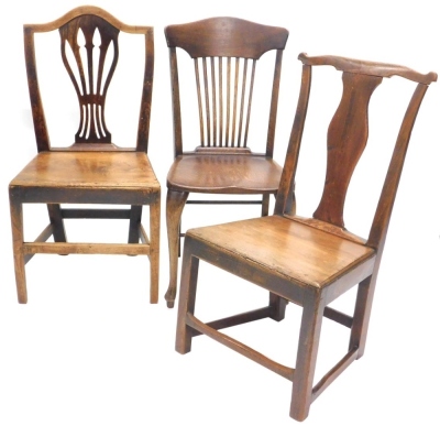 Two late 18th/early 19thC oak and elm side chairs, each with a vase shaped splat and a solid seat on square tapering legs and a later office type side chair with solid seat on cabriole legs.