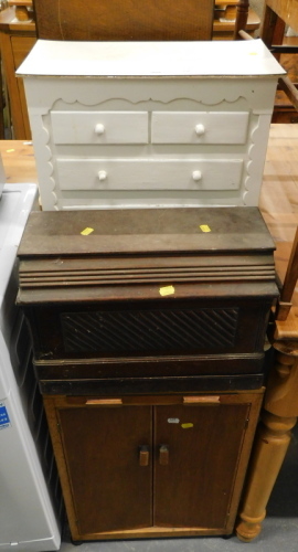 A white painted small collectors chest, sewing machine, oak cabinet, etc.