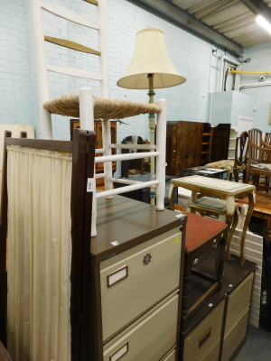 A mahogany two fold screen, a painted ladder back chair, standard lamp, oak stool and two occasional tables.