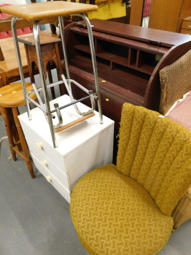 A rosewood effect bureau, plant stand stool, small chest of drawers and a nursing chair. The upholstery in this lot does not comply with the 1988 (Fire & Fire Furnishing) Regulations, unless sold to a known exporter or upholsterer it will be cut from the