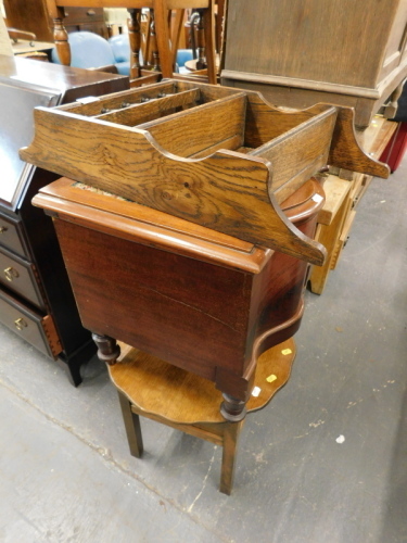 A collection of furniture to include Victorian commode, oak sewing box, and an oak wall rack.
