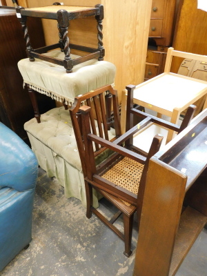 A collection of furniture to include a stool on turned tapering legs, Ottoman, an oak stool, two bedroom chairs and a bookcase.