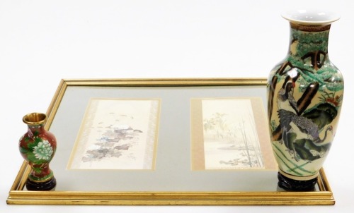 A pair of early 20thC framed Japanese watercolours, each painted with flowers within gilt and brocade borders, in single frame, each 34cm x 18cm, a modern Chinese porcelain lamp base decorated with birds, trees, etc., and a modern Chinese cloisonne vase.